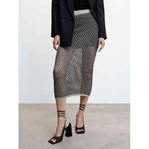 MANGO Open Knit Lurex Semi-Sheer Straight Midi Skirt Large Knit Beach Summer